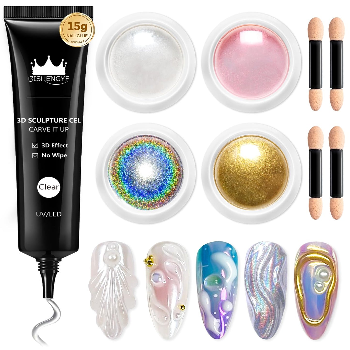 3D Nail Gel Art BISHENGYF - Rose Gold Chrome Nail Powder 15g 3D Nail Gel with Laser White Nail Powder Non-Sticky Clear 3D Sculpting for Art Home DIY-Velvo Beauty