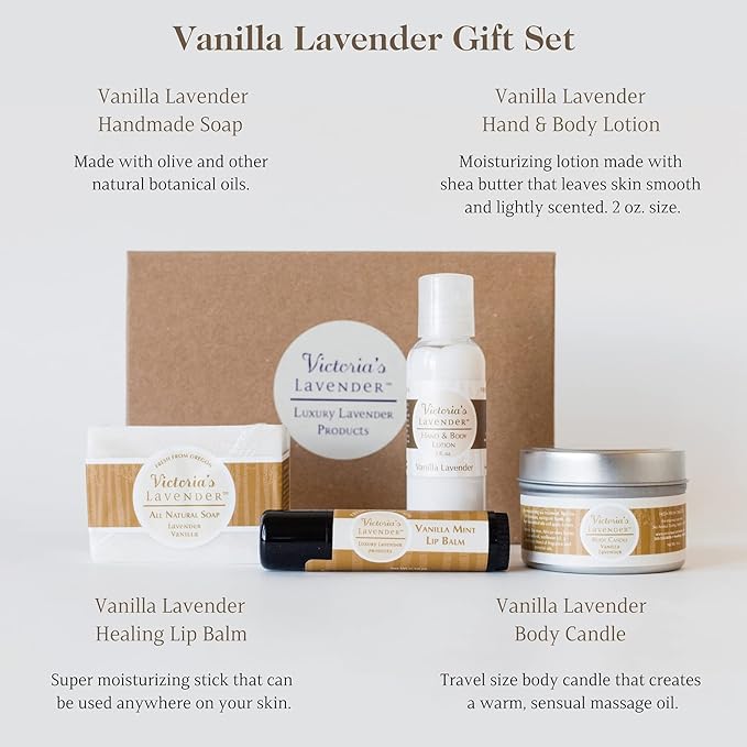 Victoria's Lavender Natural Body Products Gift Set - Handmade Soap, Hand & Body Lotion, Lip Balm, Body Candle Skin Care Sets & Kits, Lavender Bath and Body Products for Women, Vanilla Lavender-Velvo Beauty