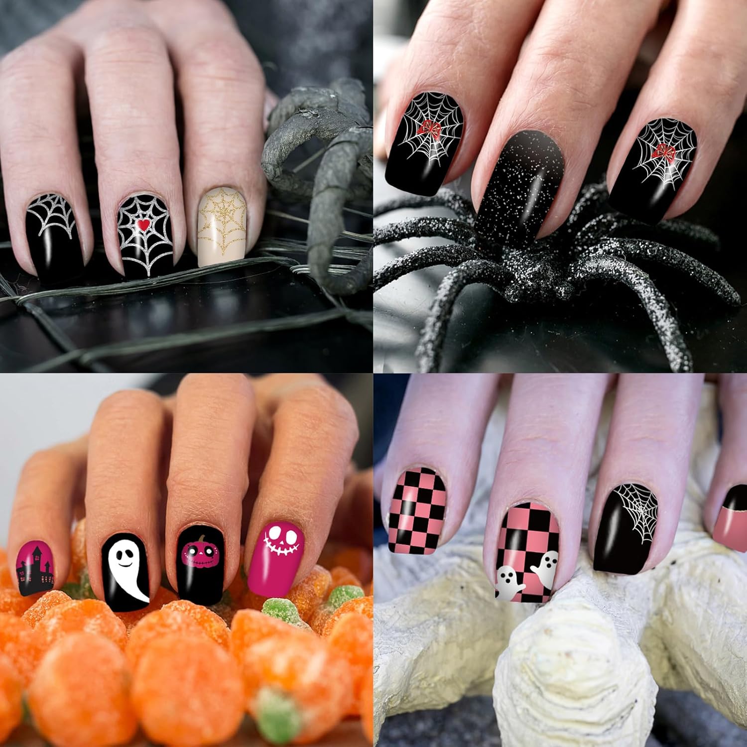 12 Sheets Halloween Nail Wraps Stickers, Nail Polish Strips DIY Self-Adhesive Full Glitter Nail Art Decals Pumpkin Bat Ghost Spider Skull Pattern with 2 Piece Nail Files for Party Decor (168 Pieces)-Velvo Beauty