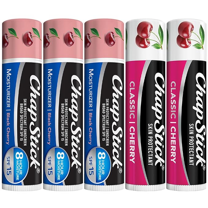 ChapStick Moisturizer 2-in-1 Lipcare SPF 15 Black Cherry 3-Pack + Classic Cherry Lip Balm 2-Pack, 0.15 Oz Ea (5 Piece Set)-Velvo Beauty