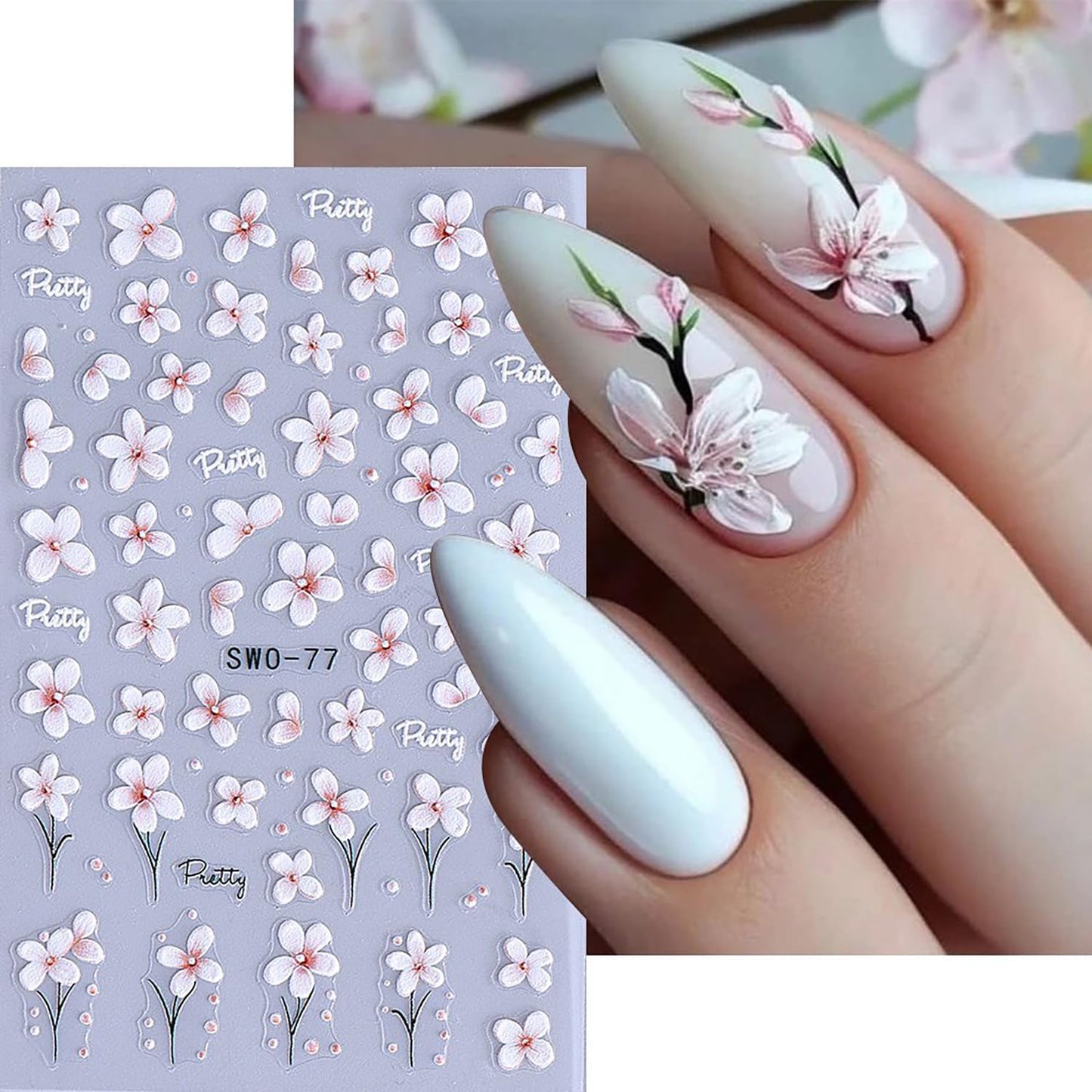 6 Sheets Flower Nail Art Stickers Rose Daisy Nails Art Decals 3D Self-Adhesive Nails Sticker Holographic Stereo Blossom Decal Decoration for Women Wreath Manicure Stickers DIY Nail Supplies-Velvo Beauty