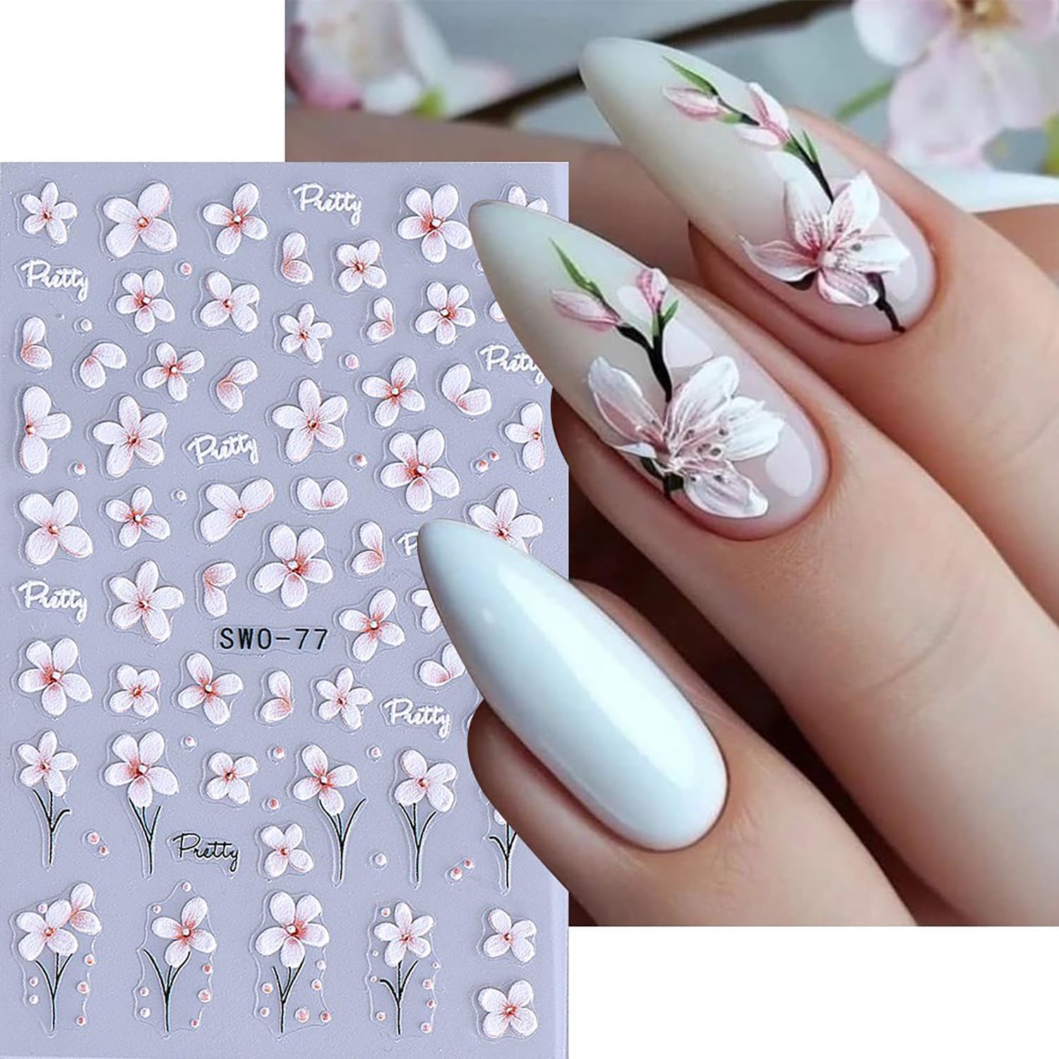 6 Sheets Flower Nail Art Stickers Rose Daisy Nails Art Decals 3D Self-Adhesive Nails Sticker Holographic Stereo Blossom Decal Decoration for Women Wreath Manicure Stickers DIY Nail Supplies-Velvo Beauty