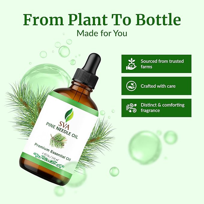 SVA Pine Needle Essential Oil – 4 Fl Oz – 100% Natural Pine Needle Oil - for Diffuser, Hair Care, Face, Skin Care, Aromatherapy, Scalp and Body Massage, Soap and Candle Making – with Dropper-Velvo Beauty