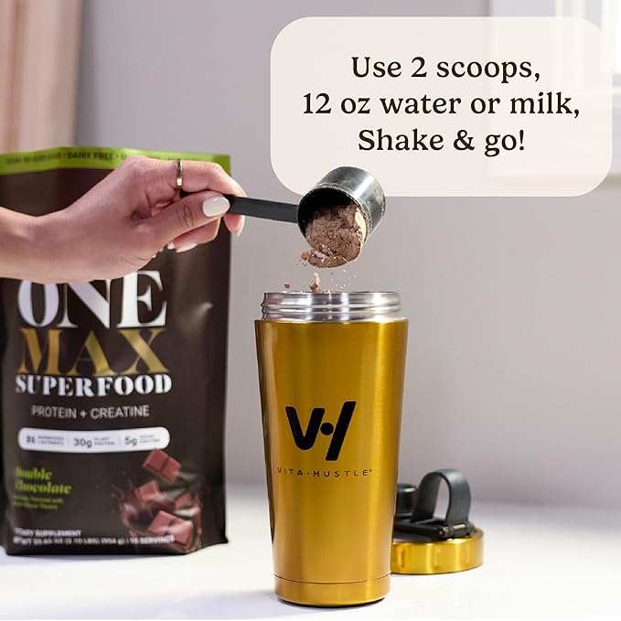 VitaHustle ONE Max Protein Powder, 30g Plant Protein + 5g Creatine, All-in-One Meal Replacement Shake with Greens, Adaptogens, Ashwagandha, Probiotics & Vitamins – Vanilla Ice Cream, 15 Servings-Velvo Beauty