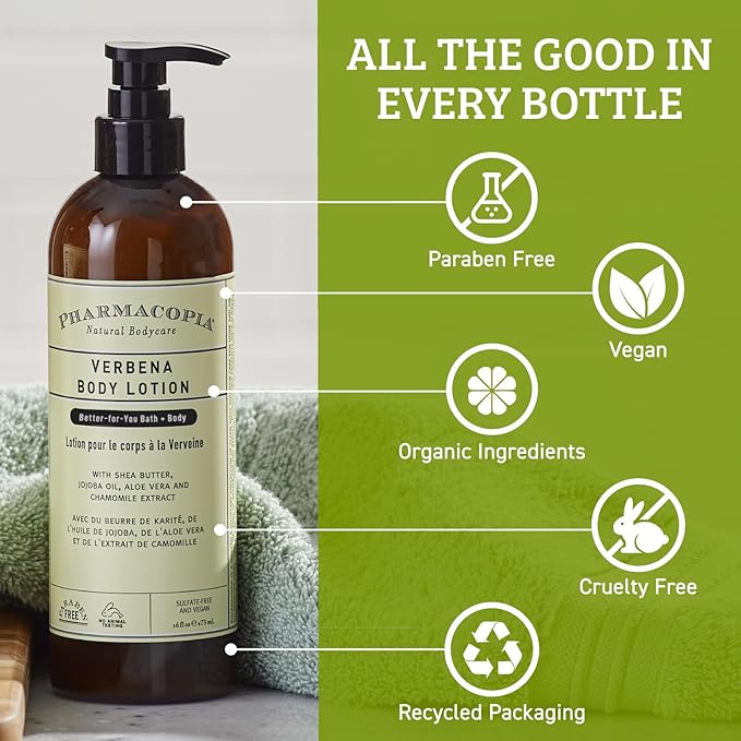 Pharmacopia Verbena Body Lotion - Hydrating Natural Moisturizer with Aromatherapy Benefits - Cruelty-Free Vegan Skin Care - Shea Butter, Aloe Vera, and Jojoba Oil - Lotion for Dry Skin, 16 oz-Velvo Beauty