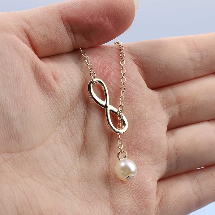 Boho Pearl Infinity Necklace Silver Y Pearl Necklace Minimalist Chain Y Lariat Necklace Chain Jewelry for Women and Girls-Velvo Beauty