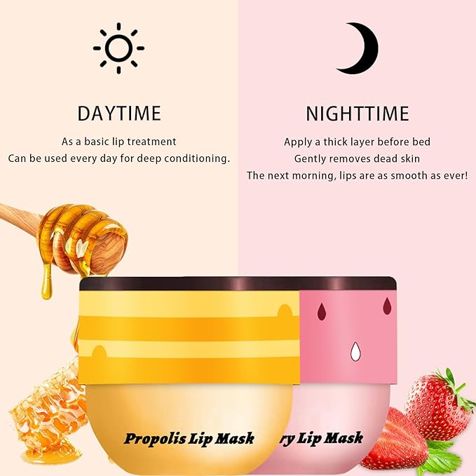 2PCS Lip Mask Overnight, Honey&Strawberry Moisturizing Repair Sleeping Lip Balm, Fade Lip Lines Bee Lip Balm, Hydrating &Prevention Dry and Crack Lip Scrubs Exfoliator (Strawberry & Strawberry)-Velvo Beauty
