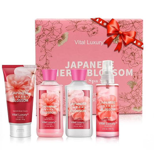 Bath & Body Kit, 3 Fl Oz Travel Size, Ideal Skincare Relaxing Home Spa Set, Includes Body Lotion, Shower Gel, Body Cream, and Fragrance Mist, Bath Gifts for Her and Him (Japanese Cherry-Velvo Beauty