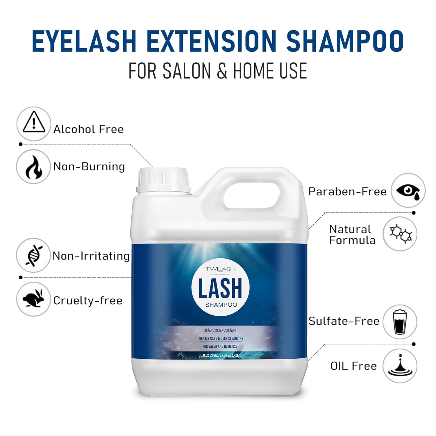 Lash Shampoo Bulk, Eyelash Cleanser for Extensions 2 Liters, Safe Makeup Remover, Non-irritating or Burning Eyelid Foaming Cleanser for Professional Salon and Home Use (Ocean-2L)-Velvo Beauty