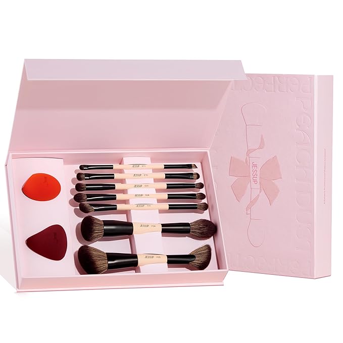 Jessup Makeup Brushes Set with Makeup Sponge, 7pcs Double Sided Makeup Brushes for Foundation Concealer Blush Eyeshadow Contour Bronzer Powder Blending Eyebrow Eyeliner with Gift Box, T506-Velvo Beauty