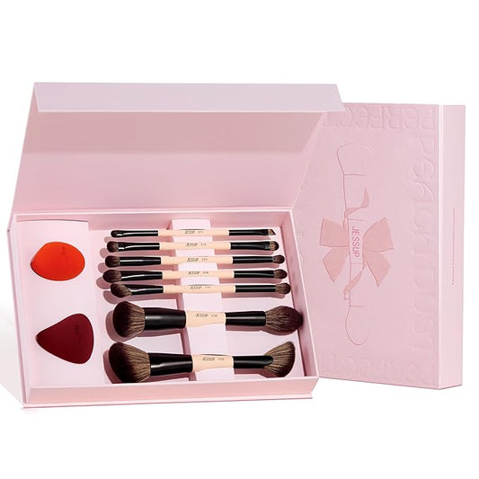 Jessup Makeup Brushes Set with Makeup Sponge, 7pcs Double Sided Makeup Brushes for Foundation Concealer Blush Eyeshadow Contour Bronzer Powder Blending Eyebrow Eyeliner with Gift Box, T506-Velvo Beauty