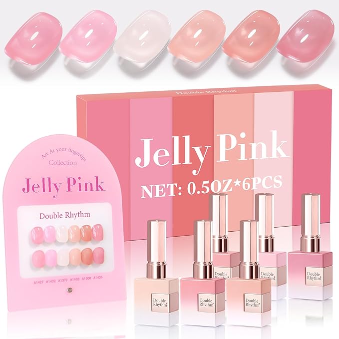 Double Rhythm 6 Pcs 15 ML Gel Polish Set Same Color Same Bottle Soak Off Gel Polish Kit Nail Art Manicure Salon DIY at Home for Women (Jelly Milky White Nude Pink Rose-T6-23)-Velvo Beauty