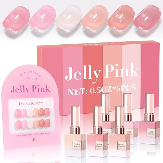 Double Rhythm 6 Pcs 15 ML Gel Polish Set Same Color Same Bottle Soak Off Gel Polish Kit Nail Art Manicure Salon DIY at Home for Women (Jelly Milky White Nude Pink Rose-T6-23)-Velvo Beauty