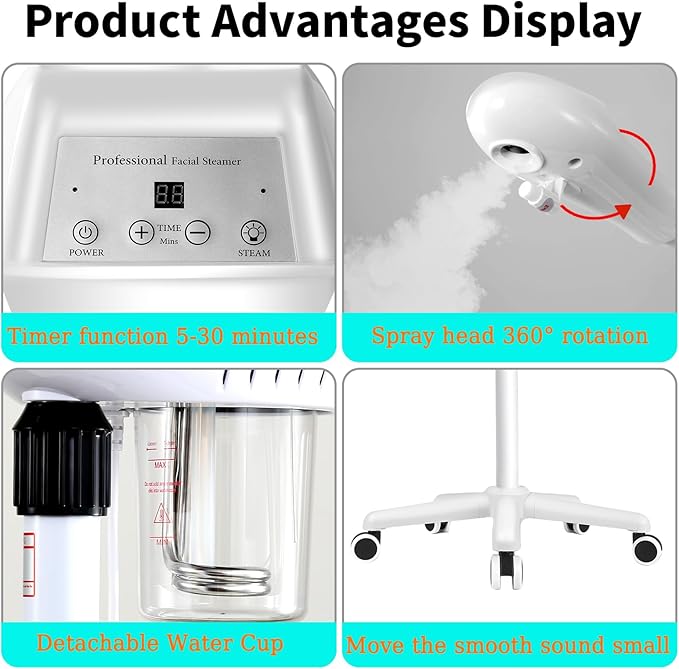 Professional Facial Steamer, Stand Ozone Face Steamer on Wheels, Adjustable Height and Angle,Estheticians Steamer More Steam,Hot Mist Facial Humidifier Atomizer for Spa Beauty, Home Use-Velvo Beauty