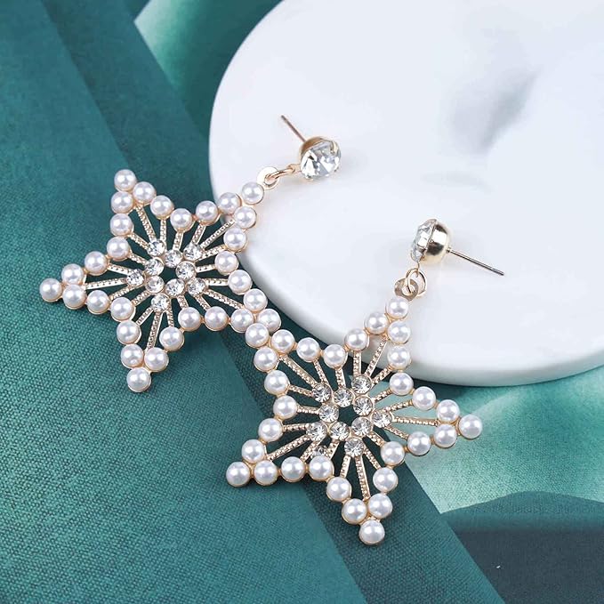 Vintage Pearl Star Drop Earrings Crystal Star Dangle Earrings Gold Rhinestone Stud Earrings Bohemian Large Star Statement Earrings Jewelry for Women and Girls Gifts-Velvo Beauty