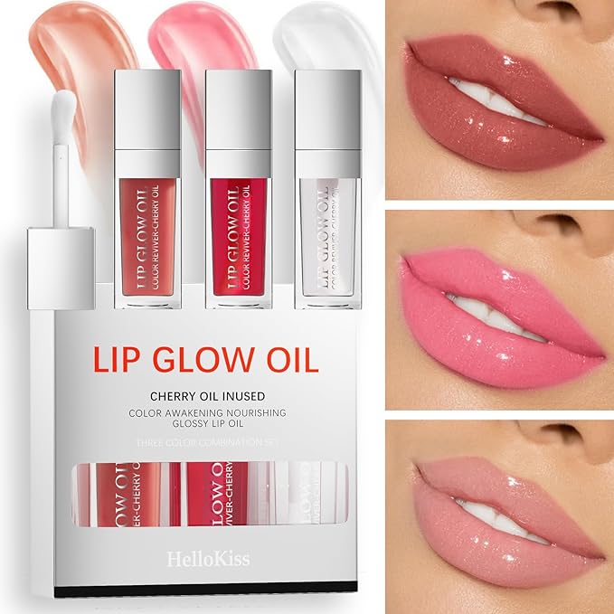 Lip Glow Oil Long Lasting Plumping Transparent Lip Balm Moisturizing Lip Oil Repairing Lip Lines and Prevents Dry Cracked for Lip Care and Dry Lips (Set-C)-Velvo Beauty