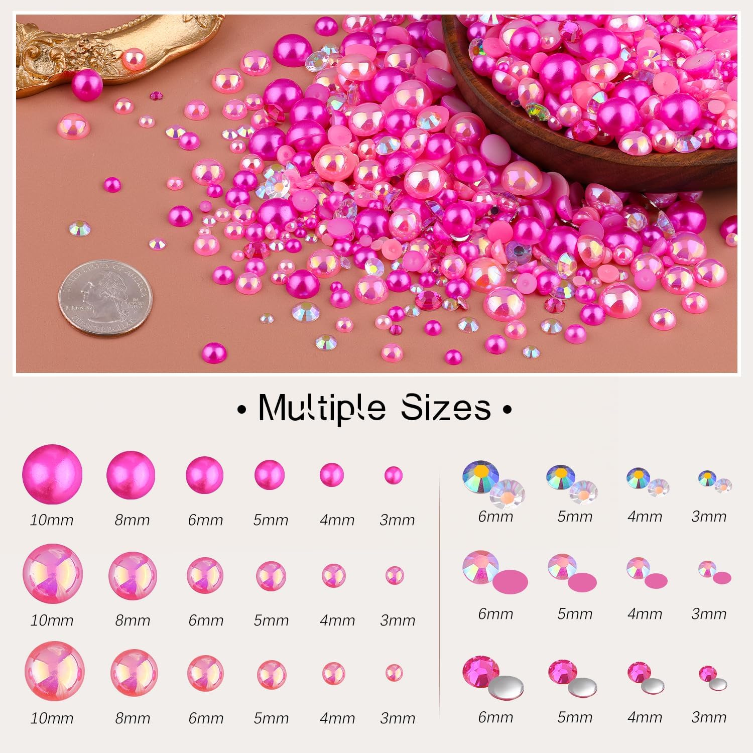 80g Flatback Pearls and Rhinestones for Crafting, Dark Pink 3-10mm Resin Rhinestones and Half Pearls for Bedazzling, Nail Art and Dec with 3pcs 10ml B7000 Jewelry Glue, Tweezer and Pickup Pencil-Velvo Beauty