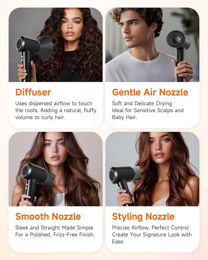 PLUZZ Professional Hair Dryer with Diffuser for Curly Hair, 400M Negative Ionic Blow Dryer for Fast Drying, 120,000 RPM High-Speed Brushless Motor, Low Noise Lightweight, Travel-Friendly, Women & Men-Velvo Beauty
