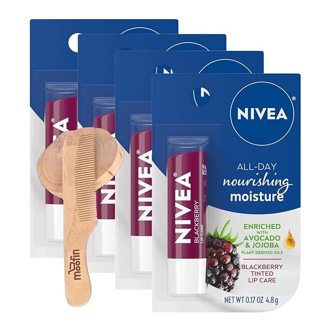 Nivea Lip Balm Hydrating, 0.17 Oz, Enriched with Avocado & Jojoba for Soft, Smooth Lips, Hydrating Lip Balm Includes Moofin Wooden Comb, Blackberry Scent, Lip Balms & Moisturizers, [Pack of 4]-Velvo Beauty