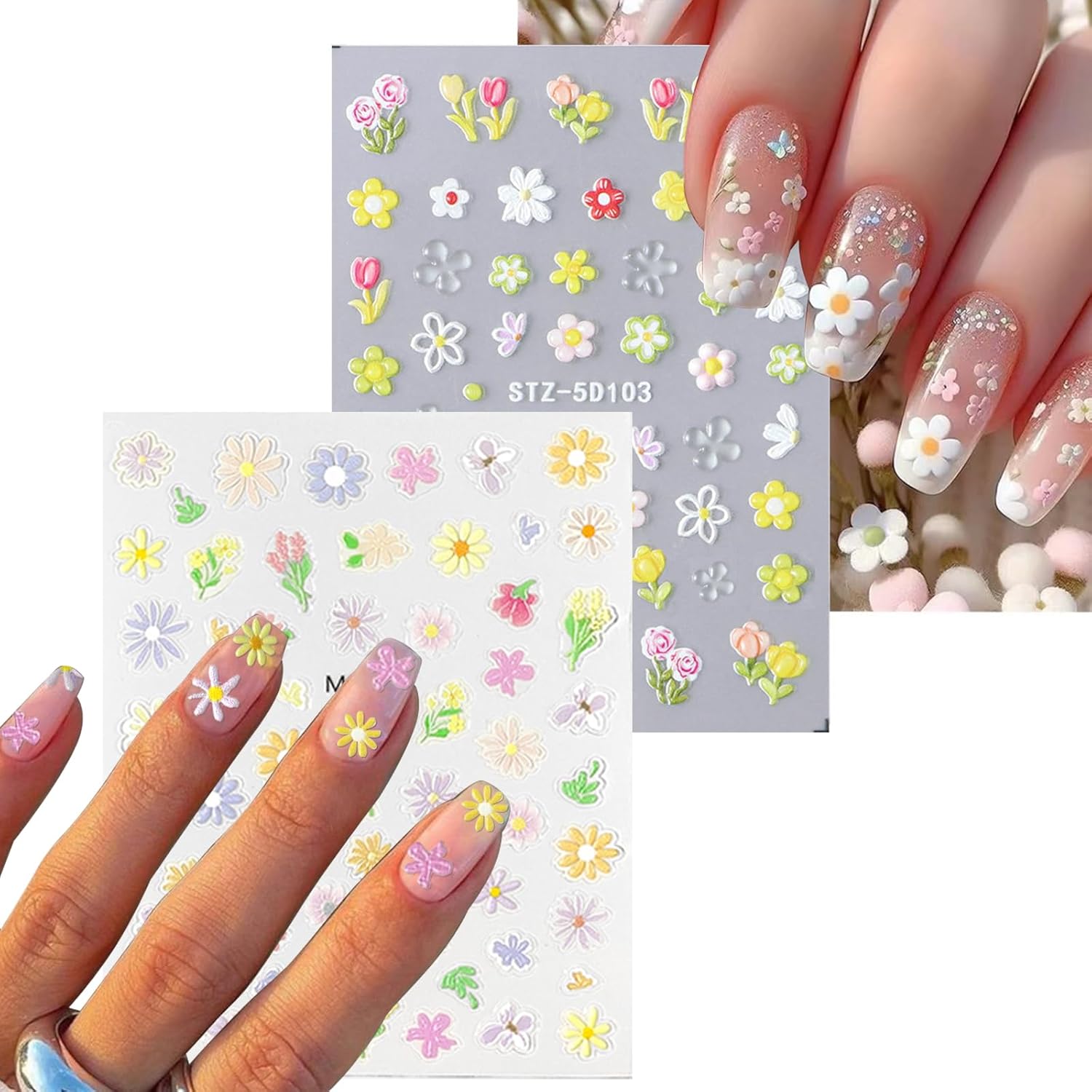 Flower Nail Art Stickers 7 Sheets 5D Nail Decals Spring Summer Nails Art Design 3D Self-Adhesive Supplies White Yellowe Daisy Flower Nails Decoration for Women DIY Design-Velvo Beauty