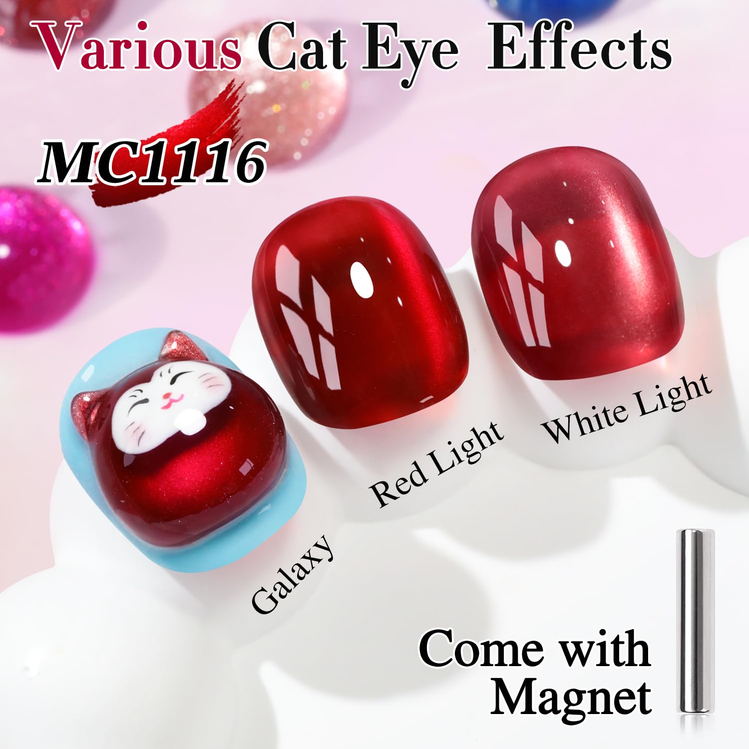 Double Rhythm Jelly Glass Cat Eye Gel Polish with Magnet 15ML Holographic Glitter Shimmer Translucent Sheer Color Magnetic Nail Polish Salon DIY at Home (Red-MC1116)-Velvo Beauty