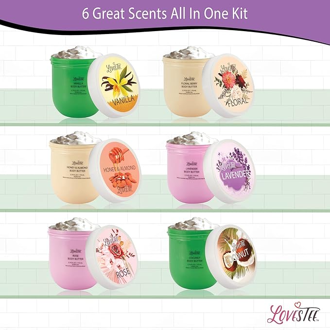 LOVESTEE Moisturizing Body Lotion, Women-Men's Christmas-Birthday Gift Set, Soothes All Skin Types includes Shea Butter, Fragrances Lavender, Vanilla, Rose, Honey Almond, Coconut and Floral-Velvo Beauty
