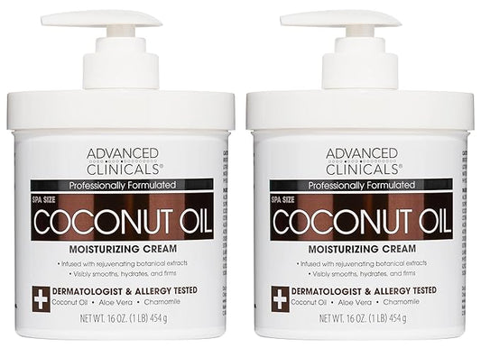 Advanced Clinicals Coconut Oil Body Cream For Women & Men | Hydrating Coconut Lotion For Extremely Dry Skin | Visible Anti Aging Body Butter Skin Care Balm Moisturizer For Hand, Heel, Feet, 16oz, 2PC-Velvo Beauty
