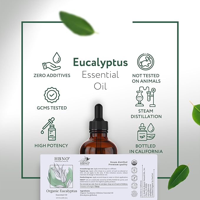 HBNO California Bottled Organic Eucalyptus Essential Oil (Globulus) - 4 fl oz (120ml) - USDA Certified Organic - Ideal for Diffuser, Hair, Face, Skin Care, Aromatherapy, Scalp & Body Massage-Velvo Beauty