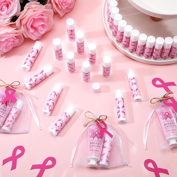 50 Set Breast Cancer Awareness Gifts Bulk Woman Pink Ribbon Lip Balm Hand Cream Include 50 Lip Balm 50 Hand Cream 50 Bag 50 Tag Breast Cancer Awareness Month Items Survivors Offices-Velvo Beauty