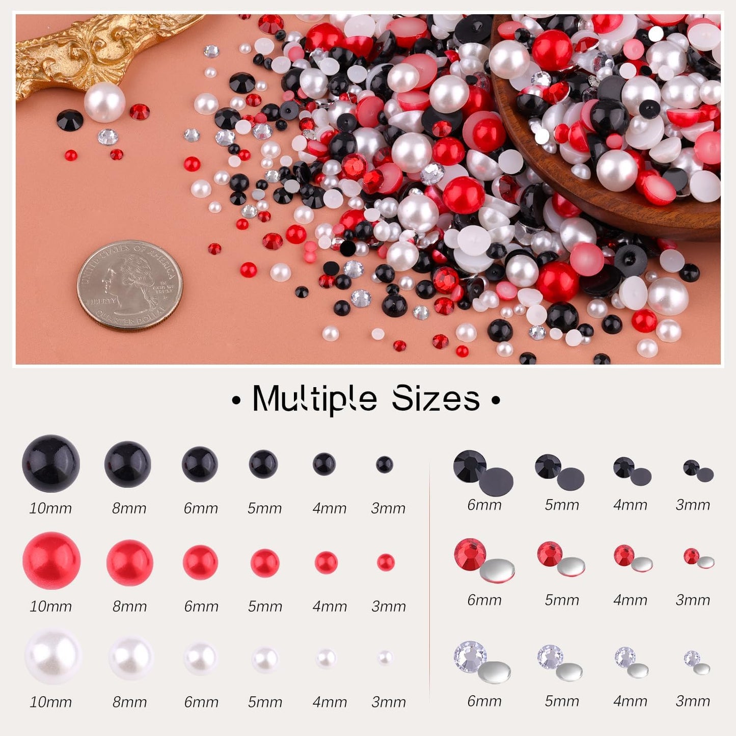 80g Flatback Pearls and Rhinestones for Crafting, Red White Black 3-10mm Resin Rhinestones and Half Pearls for Bedazzling, Nail Art and Dec with 3pcs 10ml B7000 Jewelry Glue, Tweezer and Pickup Pencil-Velvo Beauty