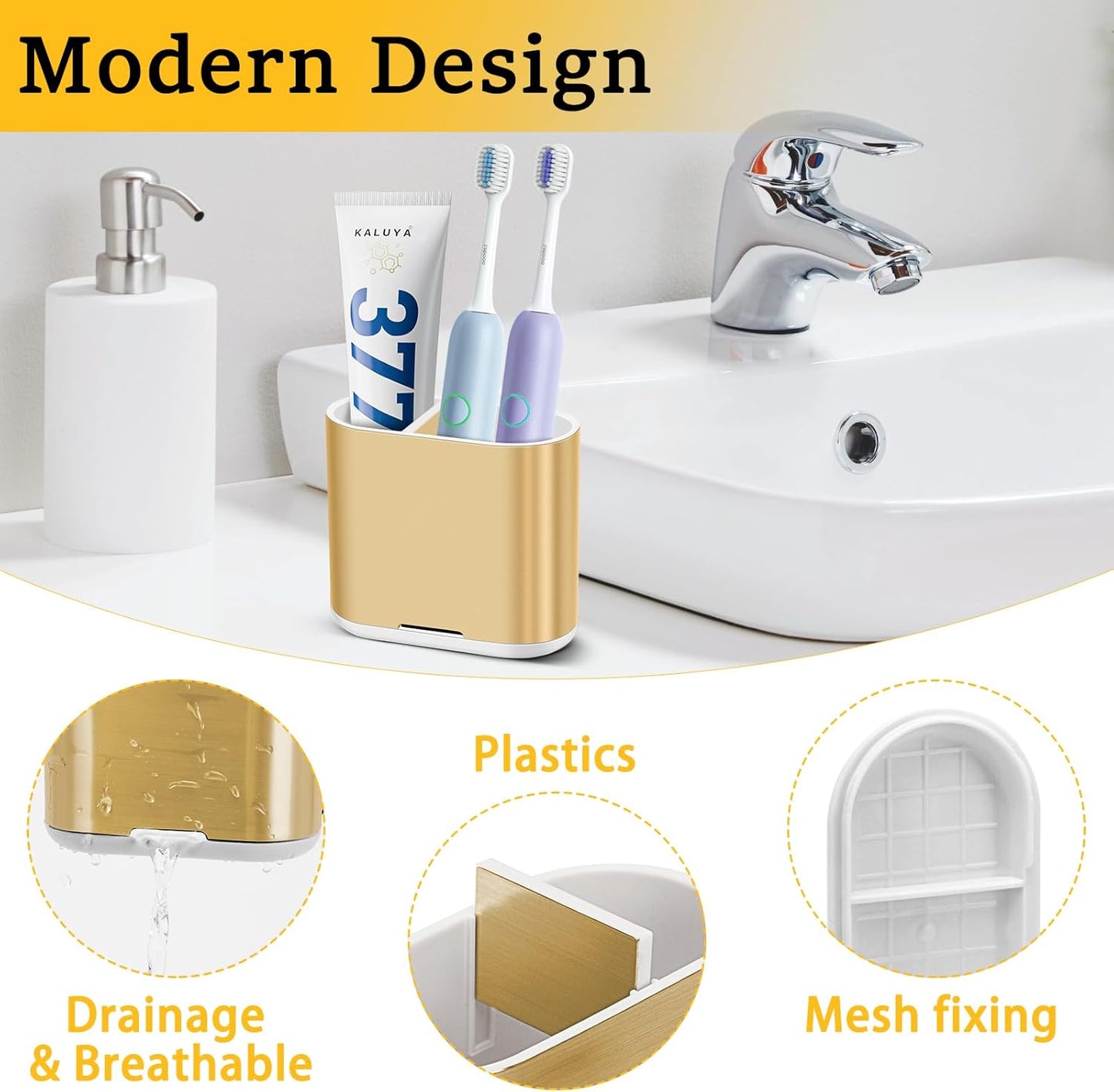 Chintu Toothbrush and Toothpaste Holder with Divider for Bathroom Countertop Organizer, Detachable for Easy Clean,Kids Electric Toothbrush Holders Storage Caddy for Family (Gold)-Velvo Beauty