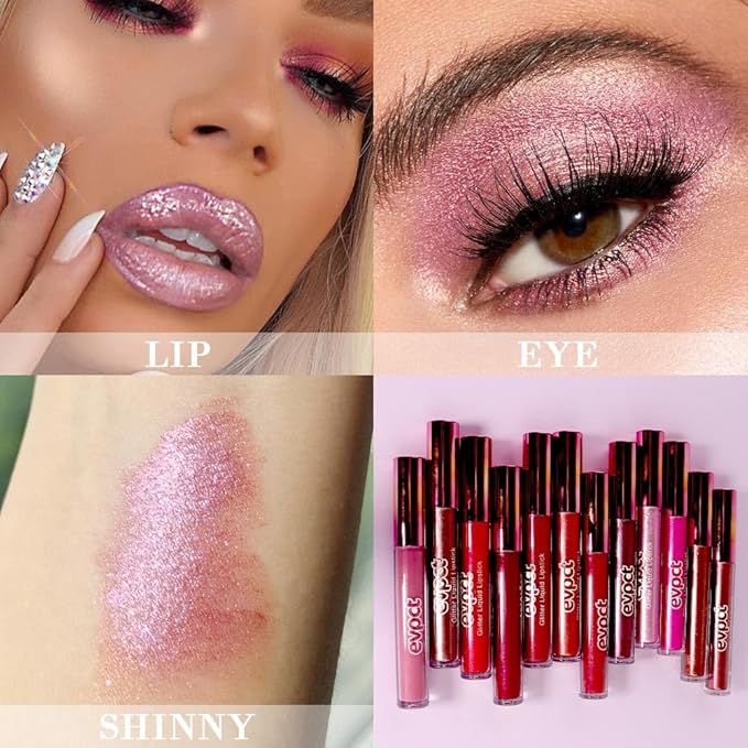 evpct 2Pcs Rose & Hot Pink Glitter Metallic Shimmer Diamond Lipstick Lip Gloss Set for Women Long Lasting Waterproof, Light Bright Rose Pink Sparkle Glitter Matte Liquid Lipstick Lip Makeup Kit-Velvo Beauty