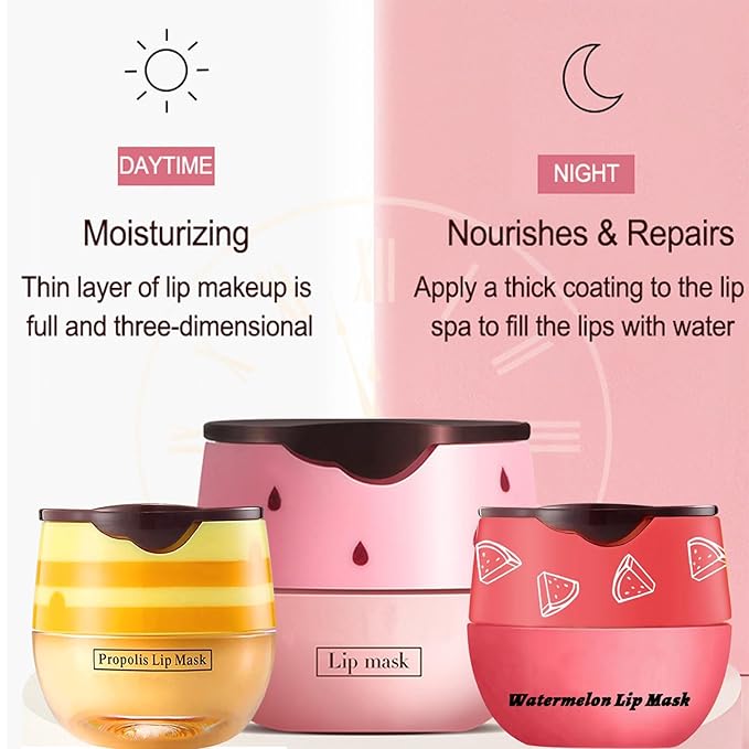 3 PCS Bee Lip Balm Lip Mask Honey Pot, Honey & Strawberry & Watermelon Lip Mask Overnight Propolis Moisturizing Lip Balm with Stick, Hydrating Repair Lip Sleeping Mask,Prevention Dry & Cracked-Velvo Beauty