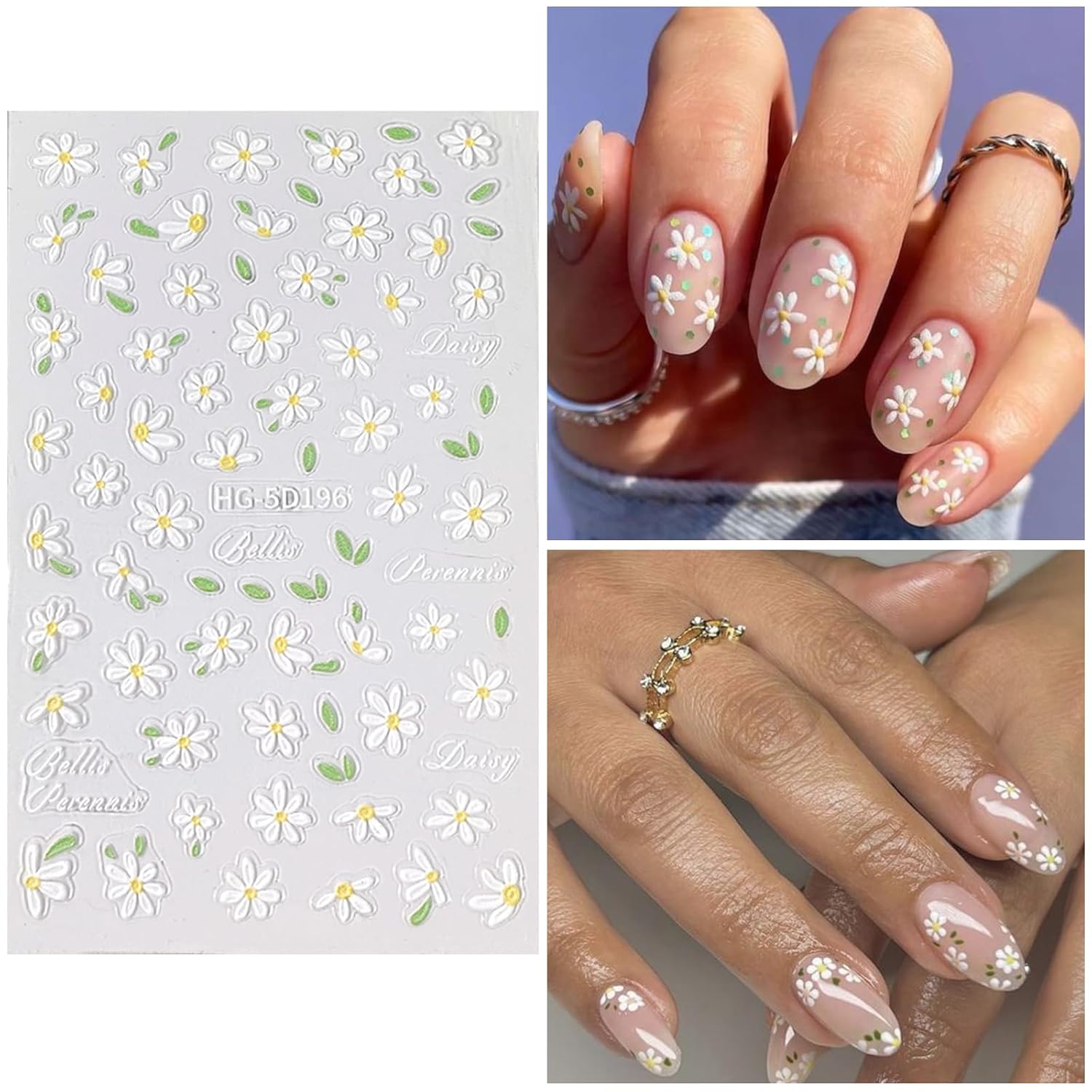 Flower Nail Art Stickers 7 Sheets 5D Nail Decals Spring Summer Nails Art Design 3D Self-Adhesive Supplies White Yellowe Daisy Flower Nails Decoration for Women DIY Design-Velvo Beauty