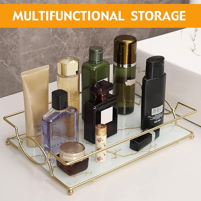 Vanity Tray Luxury Bathroom Counter Tray Glass Perfume Organizer Holder Cosmetics Makeup Skincare Display Decorative Vanity Trays for Bathroom Dresser Bedroom (Platinum, L)-Velvo Beauty