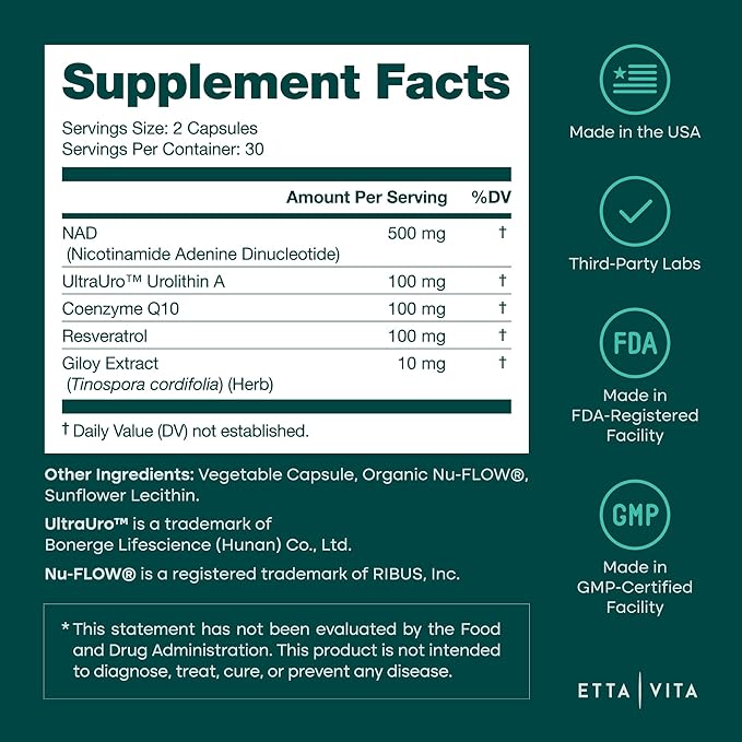 Liposomal NAD+ Supplement 500mg with Urolithin A, CoQ10, Resveratrol & Giloy (Made in USA) Mitochondrial, Cellular Energy, Cognitive, Anti-Aging & Detox Support - 3rd Party Tested Vegan, Non-GMO-Velvo Beauty