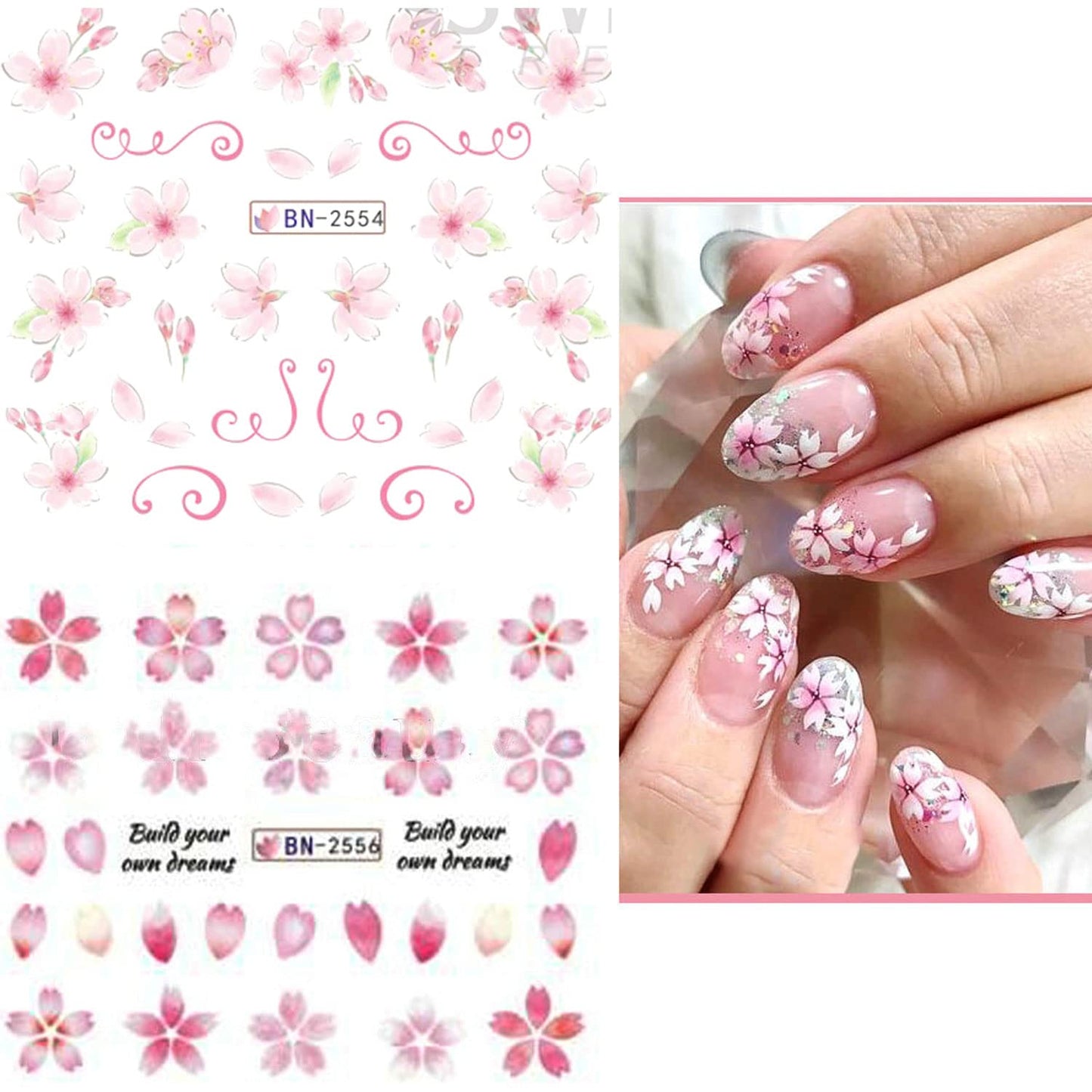 Sakura Water Transfer Nail Stickers - Cherry Blossom & Leaf Designs for Women & Girls - Pink Flower Nail Art Decoration Supplies-Velvo Beauty