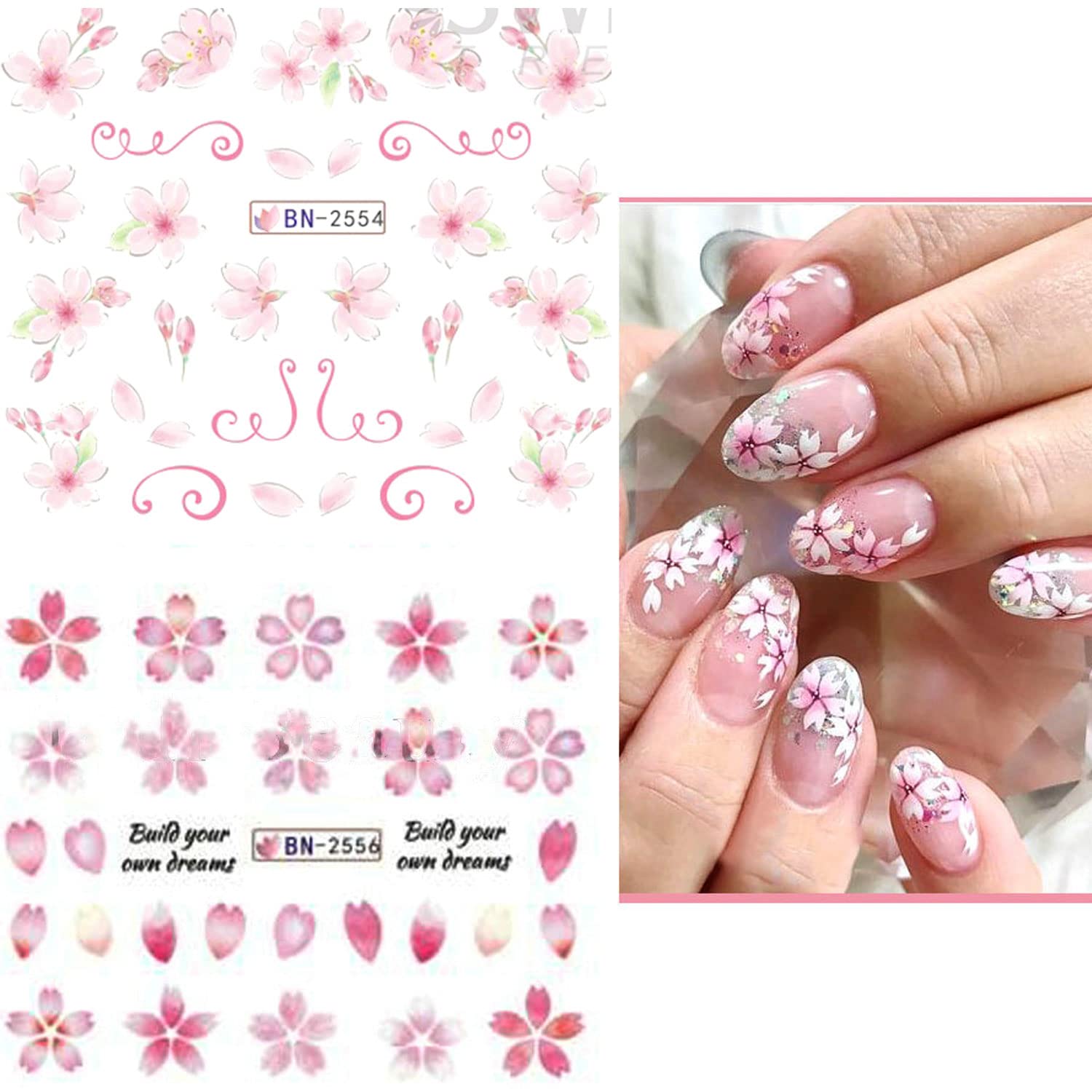 Sakura Water Transfer Nail Stickers - Cherry Blossom & Leaf Designs for Women & Girls - Pink Flower Nail Art Decoration Supplies-Velvo Beauty