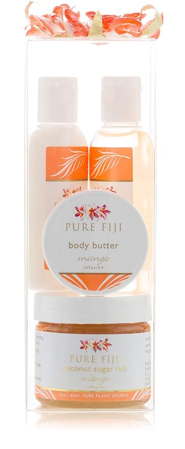 Pure Fiji Spa Gifts for Women and Man - Body Gift Box Include: Sugar Scrub, Bath and Body Oil, Body Butter and Body Lotion, Scent Mango-Velvo Beauty