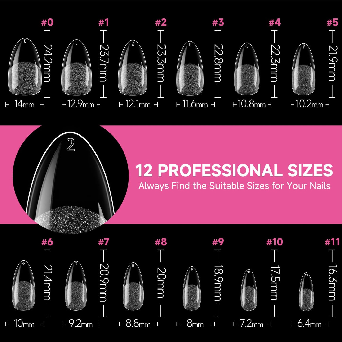 UNA GELLA Medium Almond Nail Tips, 312pcs Almond Gel Nails Tips Shape Pre Etched Full Cover Clear Fake Acrylic Pointed Press On Nails No C Curve for Nail Extension Art DIY Salon 12 Sizes-Velvo Beauty