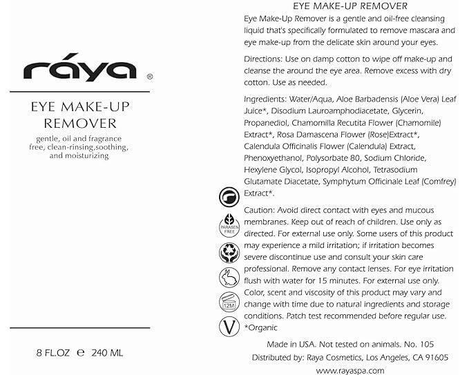 Raya Eye Make-Up Remover 8 oz (105) | Oil-Free, Make-Up Removing Cleansing Fluid | Gently Removes Non-Water-Proof Mascara | Great For Sensitive Skin-Velvo Beauty