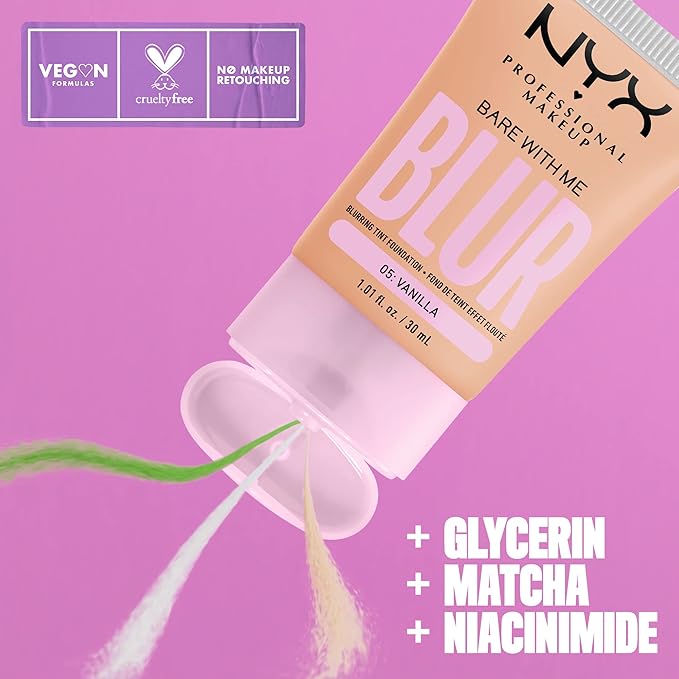 NYX PROFESSIONAL MAKEUP Bare With Me Blur Skin Tint Foundation Make Up with Matcha, Glycerin & Niacinamide - Vanilla-Velvo Beauty