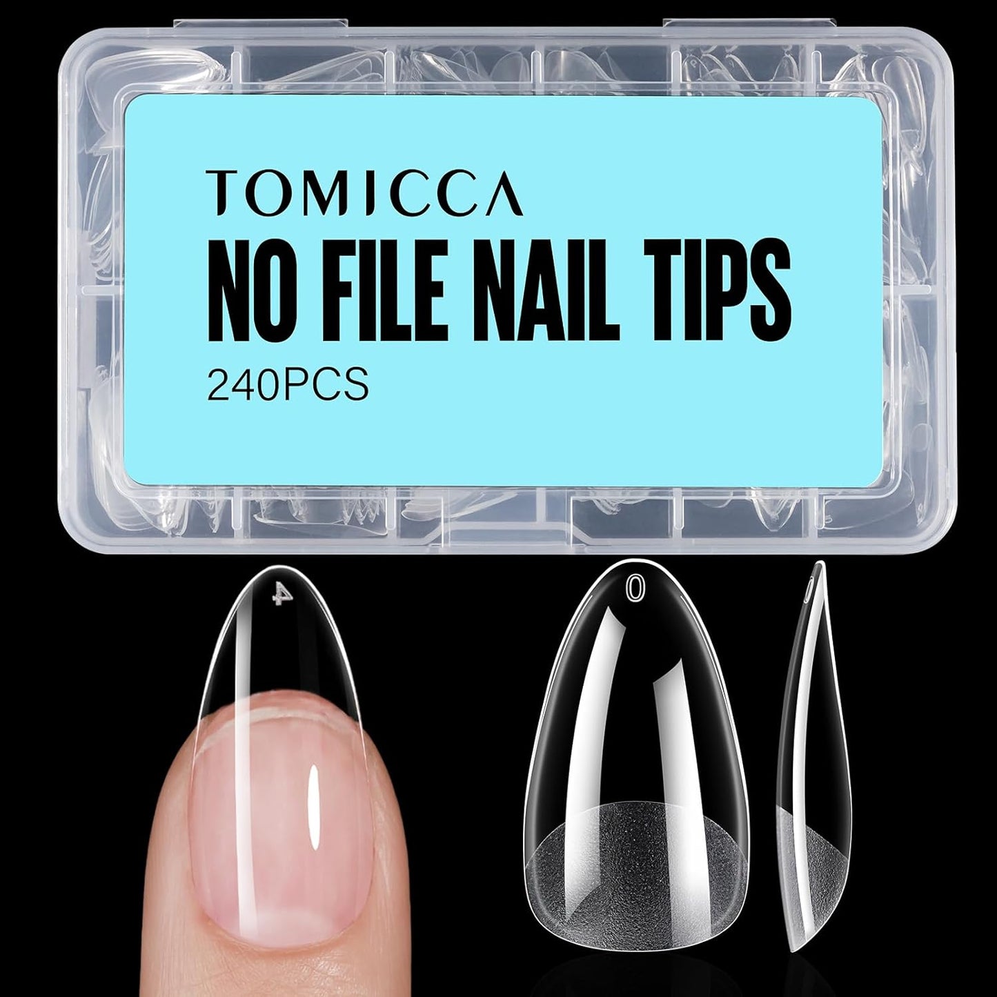 TOMICCA Medium Almond Nail Tips, 240Pcs Soft Acrylic Nails Tips Pre-Shaped Gel Tips, Medium Almond Press on Nails Clear Full Cover Fake Nails for Nail Extension Nail Salon 12 Sizes-Velvo Beauty