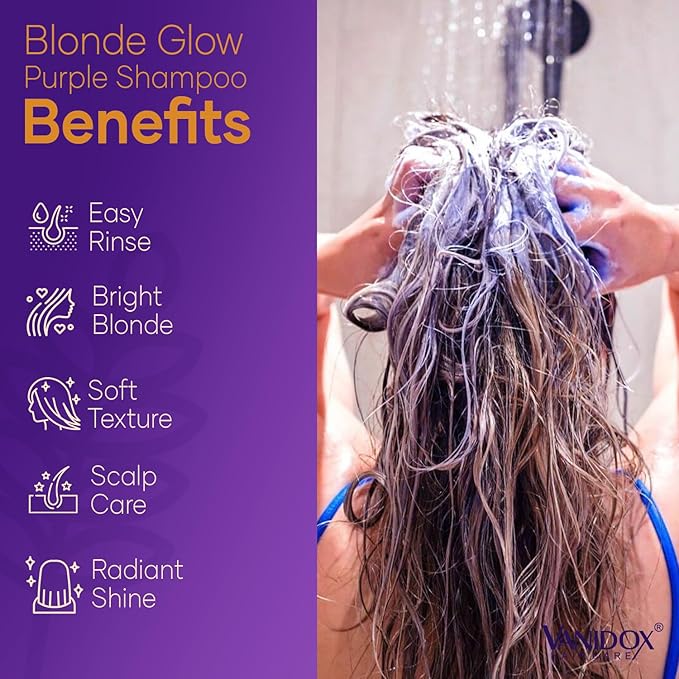 Sulfate Free Brass Toning Purple Shampoo for Blondes, Brown Highlighted, or Bleached Hair, Infused with Purple Rice Extract, Hyaluronic Acid, Vitamin E, and Chamomile Extract (16 fl oz)-Velvo Beauty