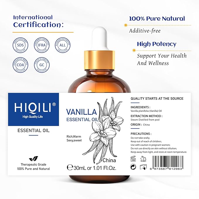 HIQILI 1 Fl Oz Vanilla Essential Oil, Undiluted Natural Strong Fragrance Add in Skin Perfume, Unscented Lotion, Candle Soap Making Scent, Relax at Home with Diffuse Warm Sweet Aroma-Velvo Beauty