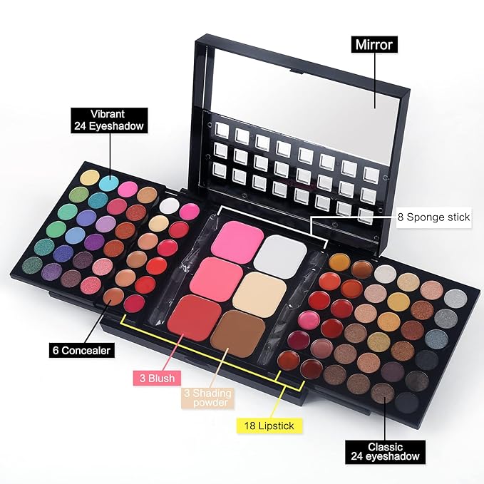 Full Makeup Kit with Applicator - 78 Color Cosmetic Gift Set Include Eyeshadow/Lipstick/Blush/Contour/Concealer, Mascara, Lip Liner, Eyeshadow Primer, Eyebrow Powder, Sponge and 8pcs Makeup Brush-Velvo Beauty