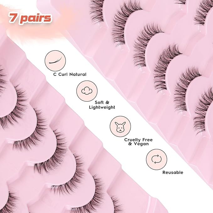 Natural Lashes False 11mm Short Eyelashes Wispy C Curl Eye Lashes Pack with Thin Cotton Band Fake Eyelash 3D Volume For Daily Siligli Lash 7 Pair-Velvo Beauty