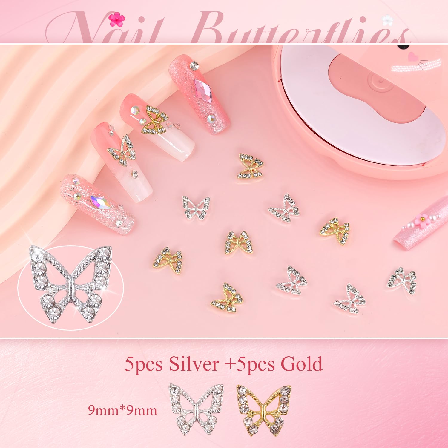 3D Nail Charms and Gems Set 11, 10PCS Gold and Silver Chunky Butterfly Nail Charms with Rhinestones, 3D Flowers for Nails, Flatback Crystals and Pearls + Picker Tool for Y2K Nail Decoration-Velvo Beauty
