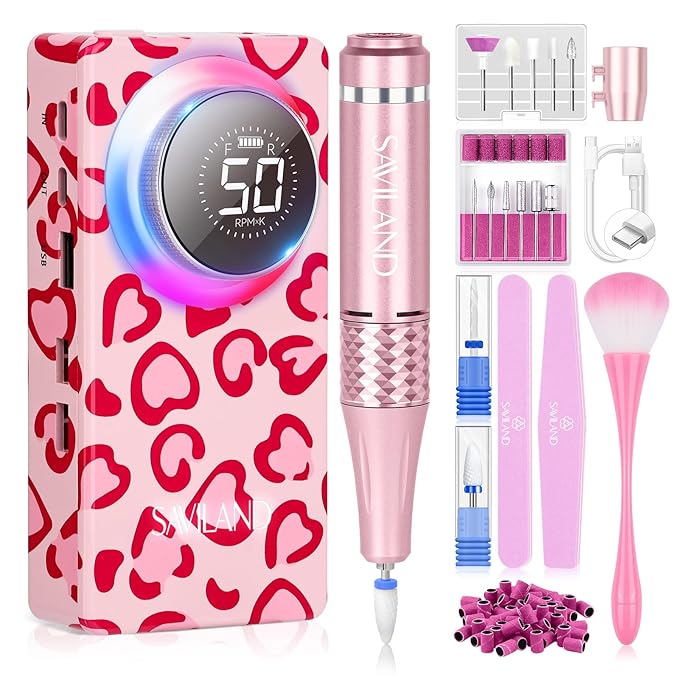 SAVILAND Electric Nail Drill Professional: 50000 RPM Electric Nail File Rechargeable Cordless Nail Drill Kit with Ceramic Drill Bits for Quick Acrylic Nail Removal Ambient Light Leopard Heart Print-Velvo Beauty