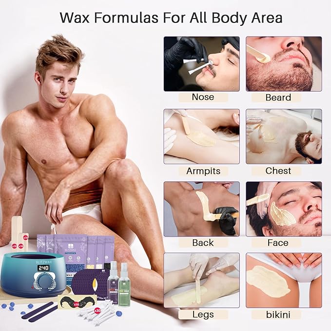 BLITZWAX Back and Nose Waxing Kit for Men, Hard Wax Warmer for Brazilian, Body and Face, At Home Hair Removal Kit, Beginner Friendly, Quick Heating, 93 Accessories, Blue Waves-Velvo Beauty
